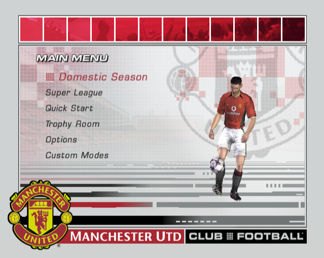 Club Football: 2003/04 Season (PlayStation 2) screenshot: The main menu<br>Custom Modes option allows the player to play an exhibition match, set up a custom tournament and a custom squad<br><br>Manchester United game