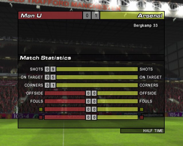 Club Football: 2003/04 Season (PlayStation 2) screenshot: Half Time. A chance to review the match statistics and change players and/or tactics<br><br>Manchester United game
