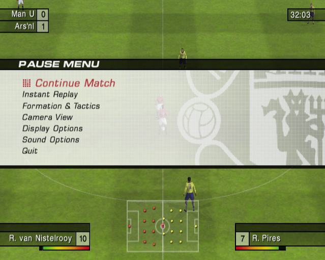 Club Football: 2003/04 Season (PlayStation 2) screenshot: The game can be paused so that the player can access the team's tactics and change them<br><br>Manchester United game