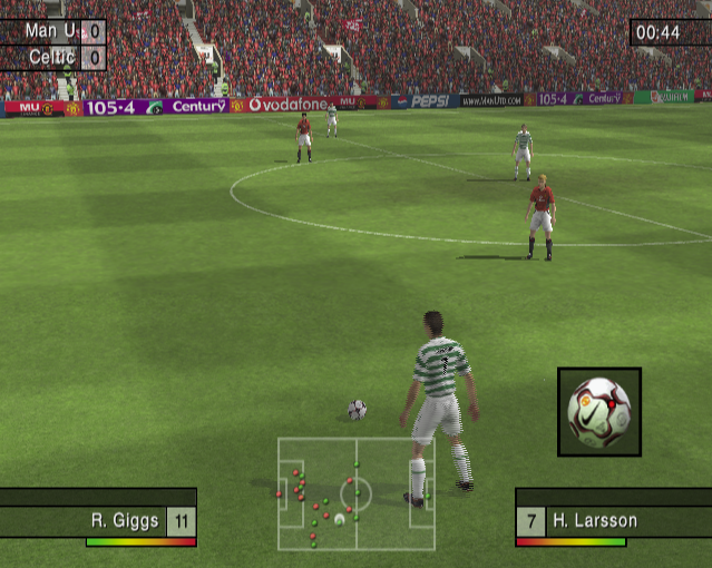 Club Football: 2003/04 Season (PlayStation 2) screenshot: Celtic have a free kick<br>If I had the manual I'd know if the football in the lower right indicated a feature that could be used to affect the flight of the ball<br><br>Manchester United game
