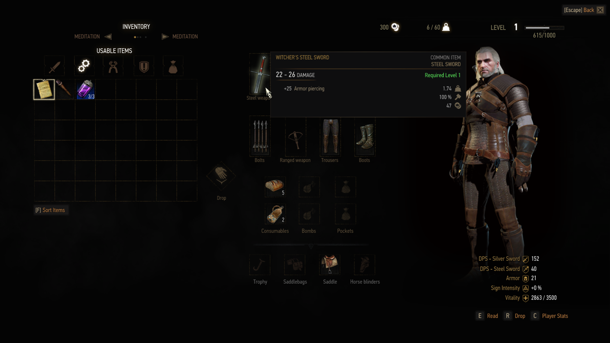 The Witcher 3: Wild Hunt (Windows) screenshot: Inventory screen. Easier to use and expanded as well