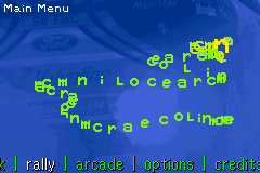 Colin McRae Rally 2.0 (Game Boy Advance) screenshot: Main menu with multiplayer options, credits and other things to modify.