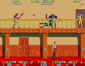 Rolling Thunder 2 (Arcade) screenshot: 2-player mode is easier, because the killed player will respawn immediately if he has any lives