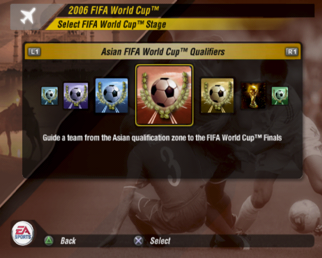 FIFA World Cup: Germany 2006 (PlayStation 2) screenshot: Playing a World Cup game.<br>The player can opt to play as any team that qualified by selecting the World Cup icon or they can take any team through their qualifying round