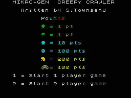 Creepy Crawler (ZX Spectrum) screenshot: Points schedule