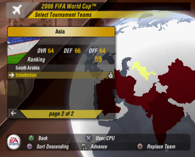 FIFA World Cup: Germany 2006 (PlayStation 2) screenshot: Selecting a team for the qualifying stage is optional but it does give the player a lesson in geography by showing where each country is