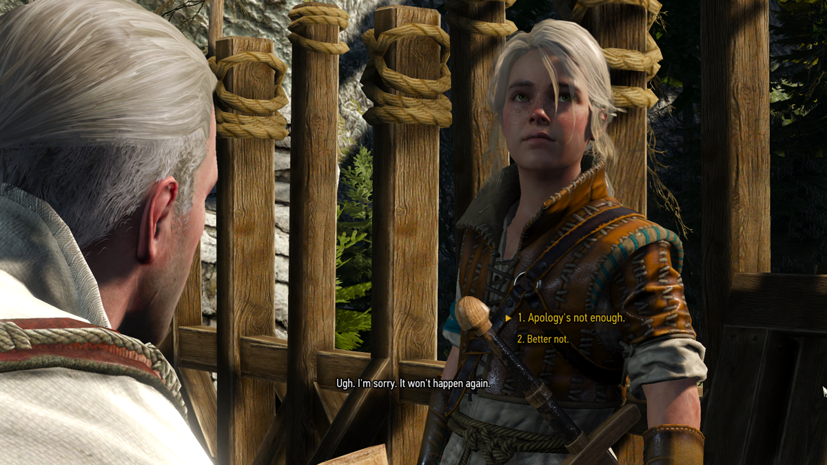 The Witcher 3: Wild Hunt (Windows) screenshot: Dialogue choices are presented with such dramatic close-ups. By the way, this is Ciri, your apprentice