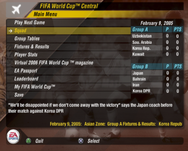FIFA World Cup: Germany 2006 (PlayStation 2) screenshot: The main management screen of the World Cup game