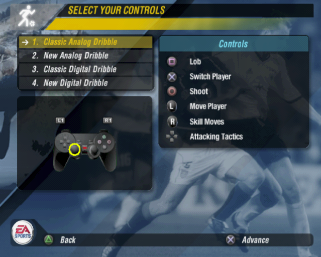 FIFA World Cup: Germany 2006 (PlayStation 2) screenshot: The player cannot customise the controller setup but they can choose between four predefined settings