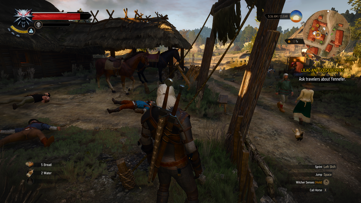 The Witcher 3: Wild Hunt (Windows) screenshot: Nice little village, chicken and human beings walking around, and I just beat up three dudes to a bloody pulp. You see, Mom, that's why I've been craving for the summer holidays