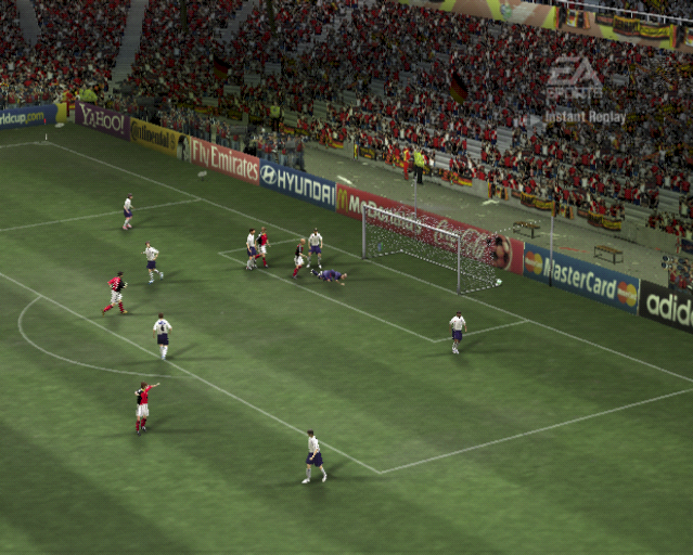 FIFA World Cup: Germany 2006 (PlayStation 2) screenshot: Germany have scored, again<br> The goal gets replayed many times from different angles