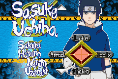 Naruto: Ninja Council 2 (Game Boy Advance) screenshot: Sasuke's stats