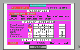 Colonial Conquest (Atari ST) screenshot: Game parameters