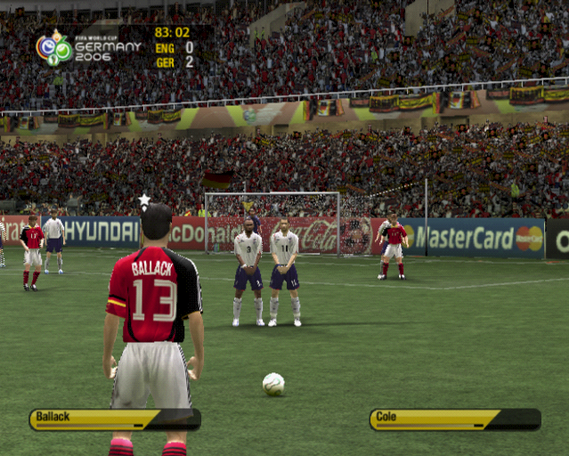 FIFA World Cup: Germany 2006 (PlayStation 2) screenshot: Germany take a free kick. The positioning of the wall is automatic