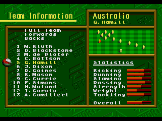 Australian Rugby League (Genesis) screenshot: Team information