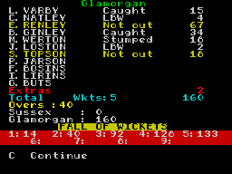 Cricket Captain (ZX Spectrum) screenshot: The final scorecard