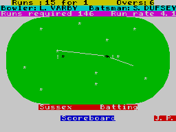 Cricket Captain (ZX Spectrum) screenshot: We have a target for our innings - must average 4.3 runs in each over to make it