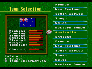 Australian Rugby League (Genesis) screenshot: Team selection