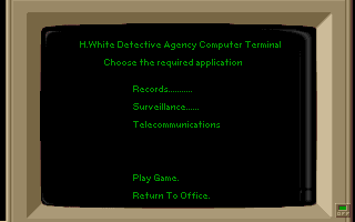 Crime City (Amiga) screenshot: Your office computers main menu