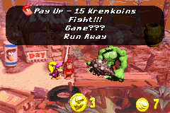 Donkey Kong Country 2: Diddy's Kong Quest (Game Boy Advance) screenshot: Collect your Kremkoins to pay Klubba and access the golden barrel. Or play a mini-game too...