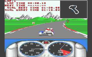 Combo Racer (Atari ST) screenshot: Taking a corner, with the track map obscuring the view slightly
