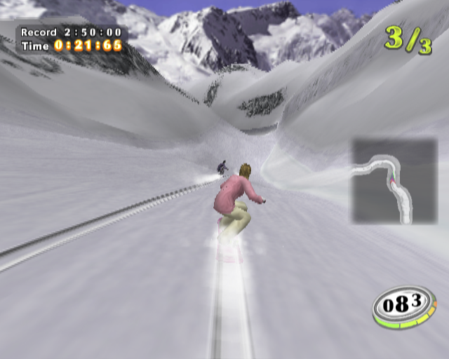 Snowboard Racer 2 (PlayStation 2) screenshot: Racing downhill in the Speed race<br> There's only one camera angle and that's behind the player