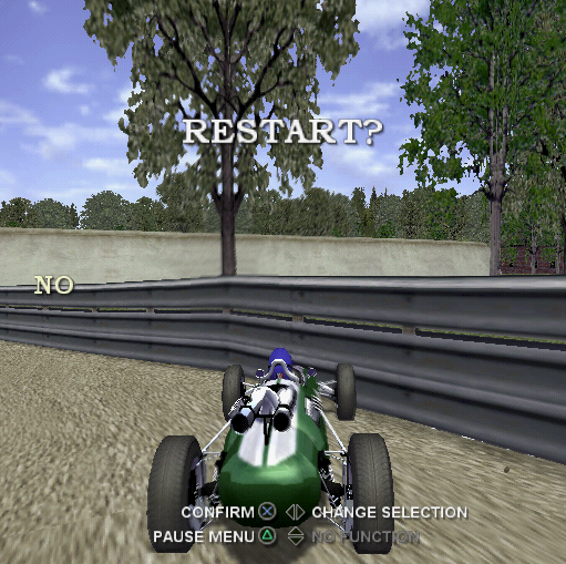 GP Classic Racing (PlayStation 2) screenshot: Spot any problems with this menu?<br>In a Challenge race the player has options to Restart and to Quit which don't allow them to answer 'Yes'