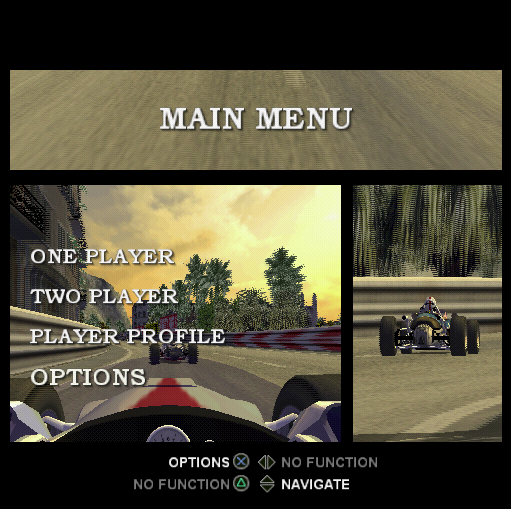 GP Classic Racing (PlayStation 2) screenshot: The game uses a lot of split screens like this one that's behind the main menu<br>Very reminiscent of the 1966 film Grand Prix by John Frankenheimer