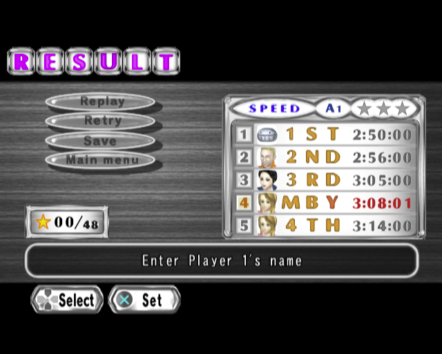 Snowboard Racer 2 (PlayStation 2) screenshot: The game comes with pre-set scores and target times that have to be beaten in order to make it onto the scoreboard. Only three characters allowed per name