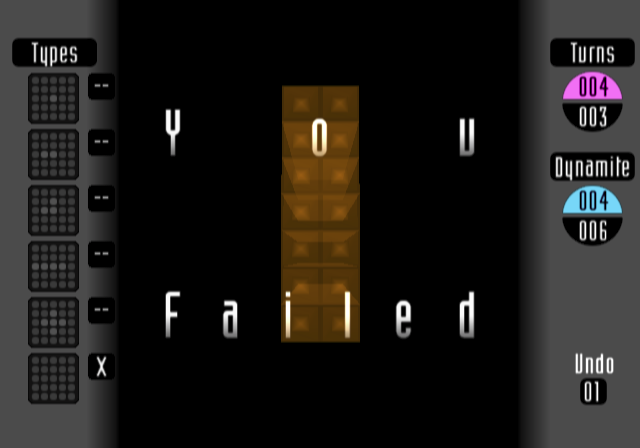 Detonator (PlayStation 2) screenshot: This is what failure looks like<br>Either the player has run out of turns or dynamite. The next screen invites the player to try again. They can do this as often as they like