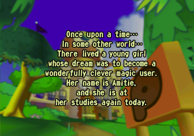 Puyo Pop Fever (PlayStation 2) screenshot: The start of the RunRun course<br>Each course is preceded by a bit of background text which is then followed by some optional game dialogue