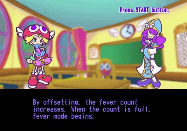 Puyo Pop Fever (PlayStation 2) screenshot: The start of the RunRun course<br>Each course is preceded by a bit of background text which is then followed by some optional game dialogue like this