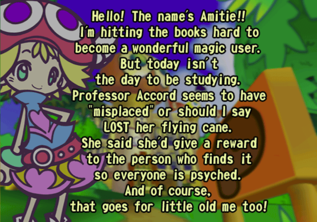Puyo Pop Fever (PlayStation 2) screenshot: The start of the Waku Waku course<br>Each course is preceded by a bit of background text which is then followed by some optional game dialogue