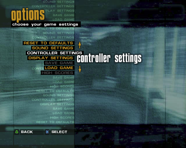 AirBlade (PlayStation 2) screenshot: These game configuration settings are accessed from the main menu.<br>The only option in the Controller Settings screen toggles vibration on and off