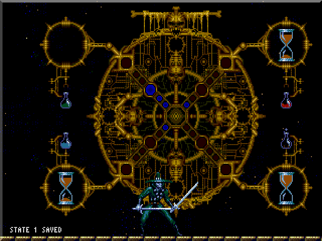 Chakan (Genesis) screenshot: There are four dimensions you have to track down, and each has three levels. Your progress so far is shown on the place you start the game in.