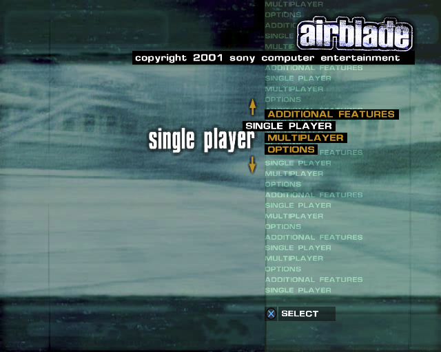 AirBlade (PlayStation 2) screenshot: The game's menu screen<br>There's a soft focus, monochrome, video running in the background