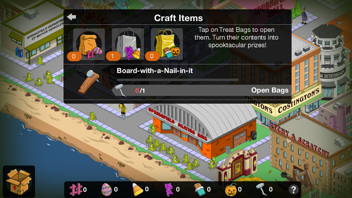 The Simpsons: Tapped Out (iPhone) screenshot: Some events requires crafting of items. This was from Treehouse of Horror XXV Event