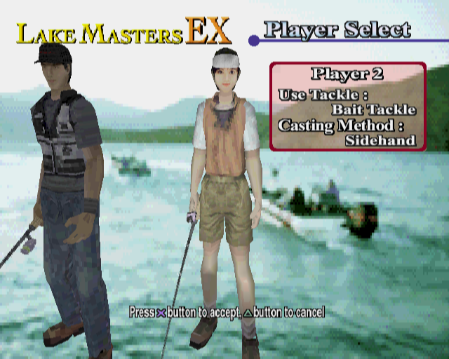 Lake Masters Ex (PlayStation 2) screenshot: When fishing the player can choose between these two characters. The other player casts overhead and does well with spinning bait