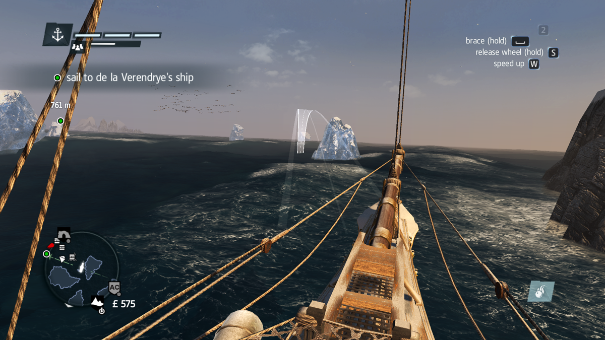 Assassin's Creed: Rogue (Windows) screenshot: North Atlantic Ocean! Wow, look at those icebergs!..