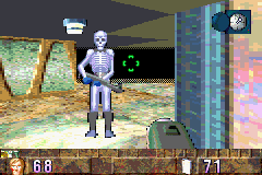 BackTrack (Game Boy Advance) screenshot: A skeleton with a rifle! And it's wearing boots?