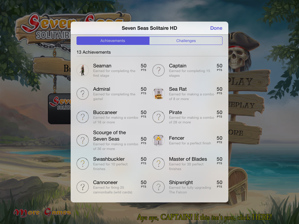Seven Seas Solitaire (iPad) screenshot: The list of achievements