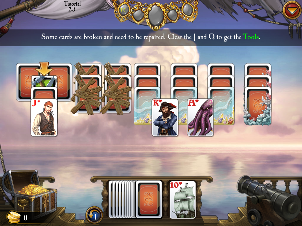 Seven Seas Solitaire (iPad) screenshot: Introducing broken cards