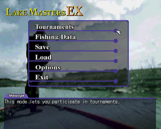 Lake Masters Ex (PlayStation 2) screenshot: Playing the main game, this is the secondary menu.<br>Save & Load are obvious.<br>OPtions has been covered earlier.<br>Fishing data shows the biggest fish caught to date