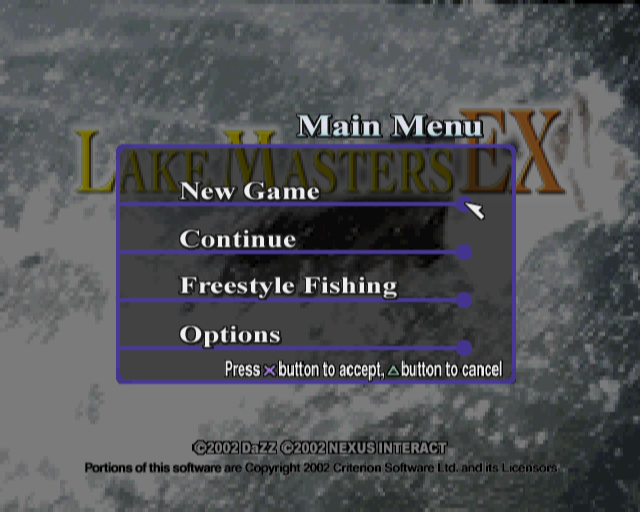 Lake Masters Ex (PlayStation 2) screenshot: The game's main menu<br>The game's configuration options toggle stereo sound and vibration, nothing more