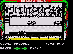 Bad Dudes (ZX Spectrum) screenshot: The second level sees you on top of moving lorries