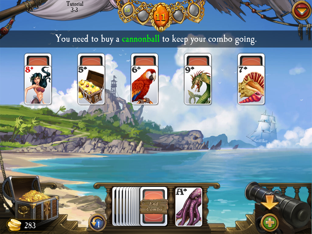Seven Seas Solitaire (iPad) screenshot: o keep the combo going, I'll need to buy a cannonball.