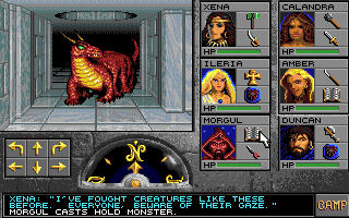 Eye of the Beholder II: The Legend of Darkmoon (Amiga) screenshot: Casting a hold monster spell. That Basilisk is an easy target now.