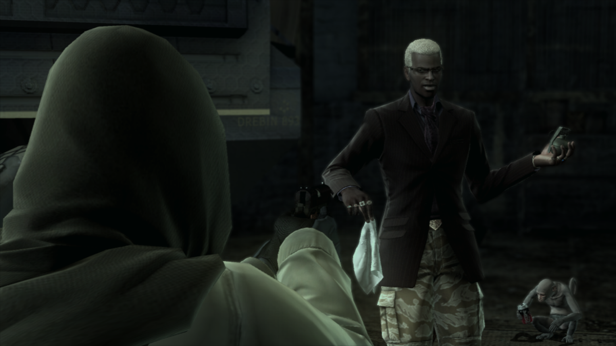 Metal Gear Solid 4: Guns of the Patriots (PlayStation 3) screenshot: New character - arms dealer Drebin and his pet monkey