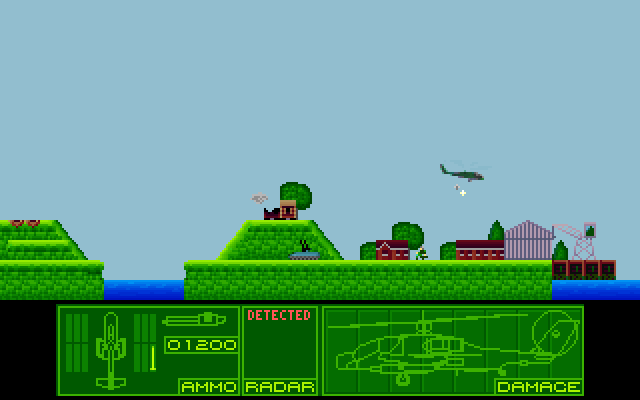 Airstrike (DOS) screenshot: After the recon flight, I get to the business of destruction. Shooting a missile, it leaves ruins and craters after hits, bullets leave smaller holes, but work well against many targets.