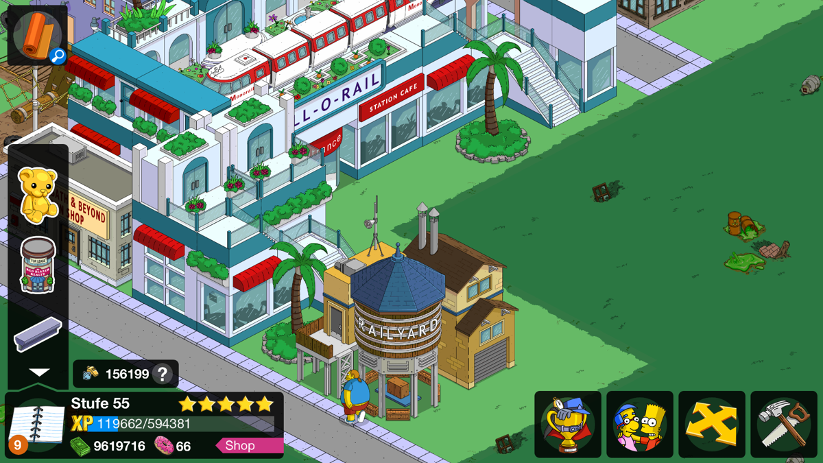 The Simpsons: Tapped Out (Android) screenshot: Monorail Quest 2015: The third station and the railroad construction side.